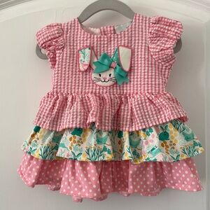 Pink Gingham Seersucker Bunny Dress w/Ruffle Tier, Easter, Rare Editions, 6/9 M